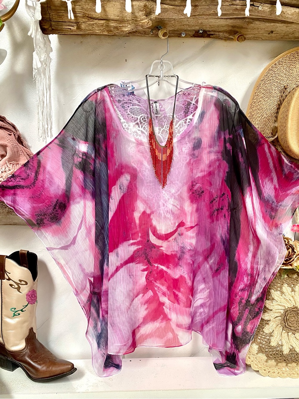 Crochet butterfly back watercolour boho blouse w resort vacay shabby chic vibe